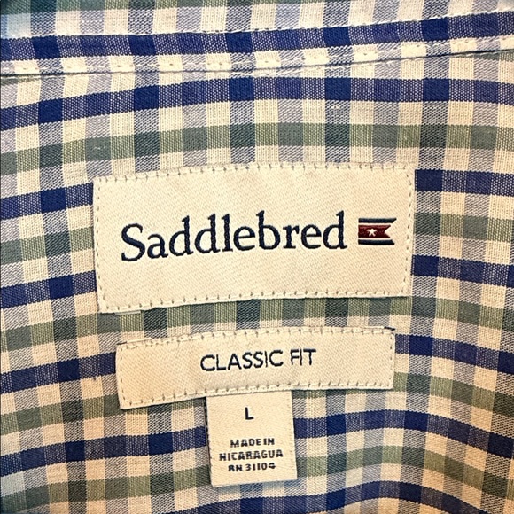Saddlebred Size Large Blue Green White Checked Button-Down Cotton/Poly Shirt - Picture 2 of 8